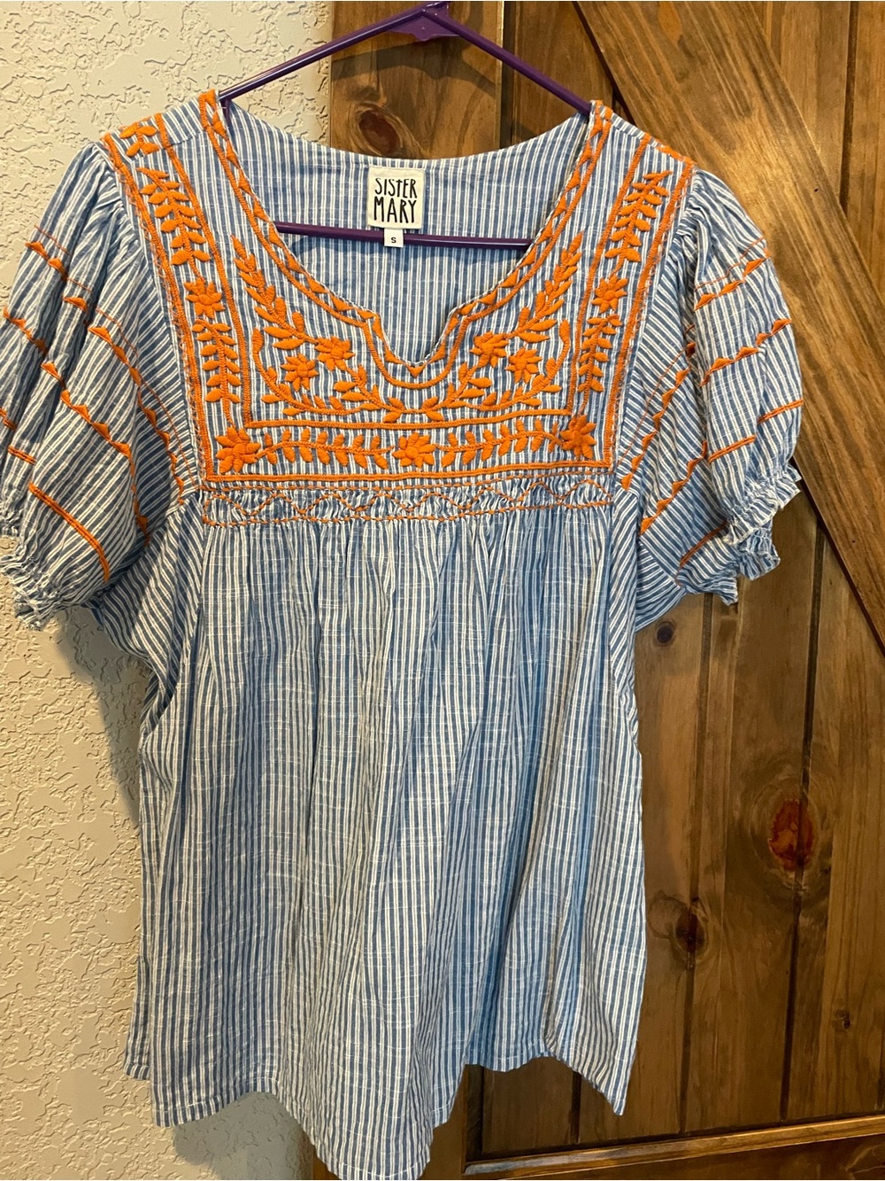 Sister Mary Blue Stripe Embroidered Peasant Blouse with Orange Accents
